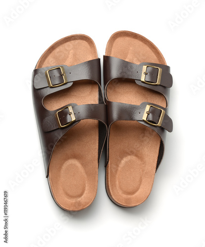 Fotografie Top view of leather cork sandals