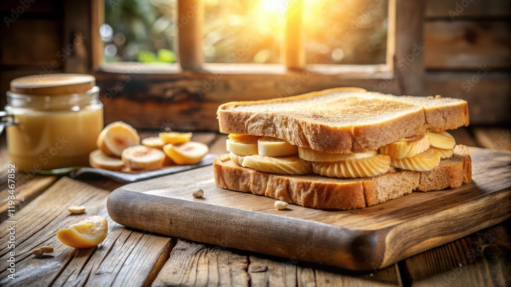 Fototapeta premium A Rustic Wooden Table Setting with a Simple But Delightful Sandwich of Toasted Bread and Creamy Filling