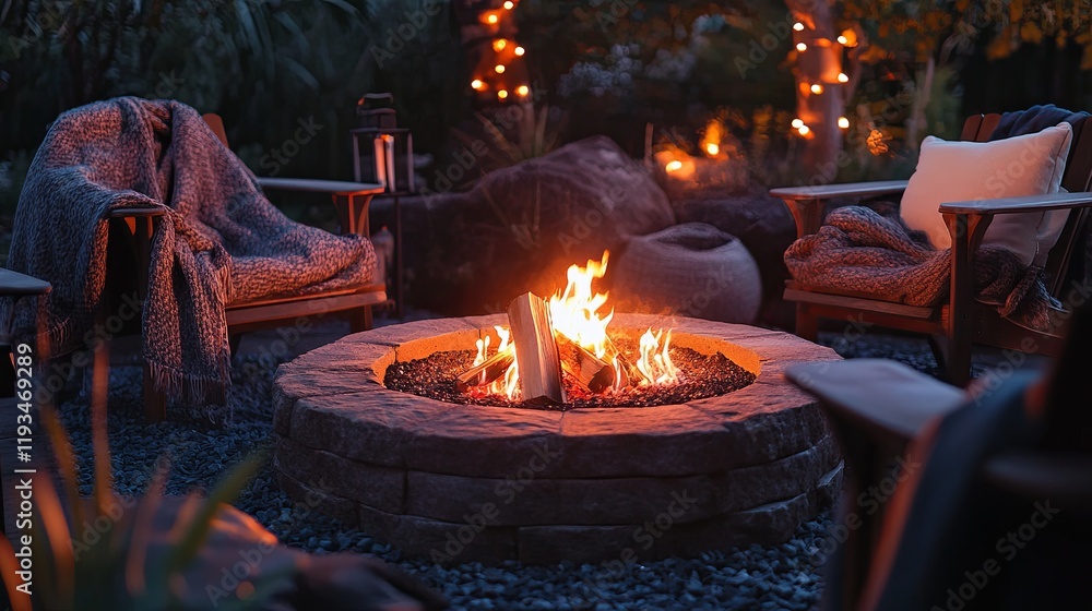 A cozy outdoor fire pit surrounded by comfortable chairs and soft blankets A cozy outdoor fire pit surrounded by comfortable chairs and soft blankets