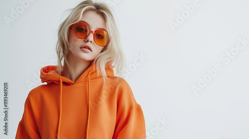 A trendy young Caucasian woman poses confidently in her bright orange hoodie and stylish sunglasses, embodying modern urban fashion and vibrant self-expression.