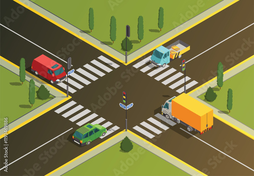 Isometric Illustration Depicting a Detailed and Busy Urban Intersection Surrounded by Vehicles