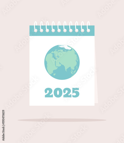 Notebook or calendar with the image of the Earth globe and the number 2025 on the cover. Flat vector illustration