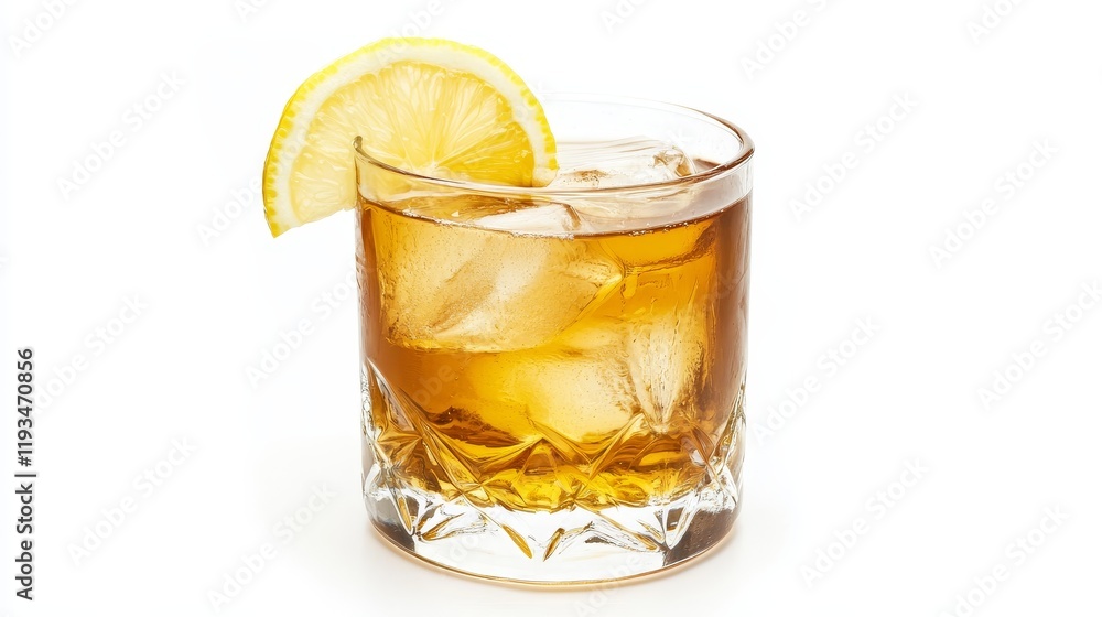 A refreshing glass of light beer with a lemon garnish adorns a white background. A refreshing glass of light beer with a lemon garnish adorns a white background.