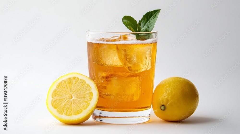 A refreshing glass of light beer with a lemon garnish adorns a white background. A refreshing glass of light beer with a lemon garnish adorns a white background.