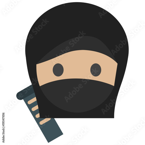 Minimalist Cartoon Ninja with Black Hood, Mask, and Partially Visible Katana Sword photo