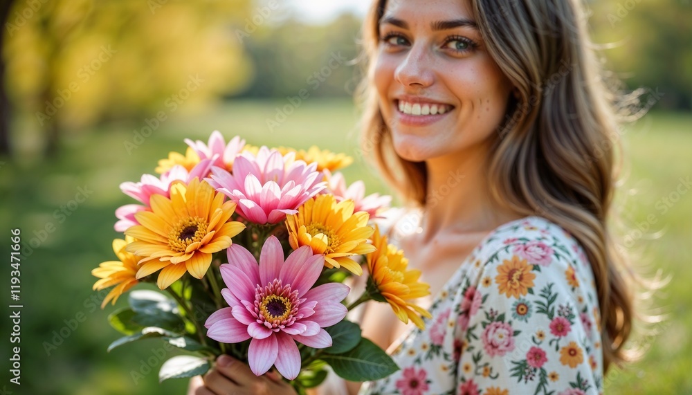 Smiling young woman holding a bouquet of colorful gerbera daisies in a sunny outdoor setting
Smiling young woman holding a bouquet of colorful gerbera daisies in a sunny outdoor setting