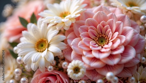 Close-up of a delicate bouquet featuring pink dahlias and white daisies adorned with pearls