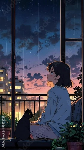 lofi anime girl, anime girl under raining, lofi, rain, rainy, 4K resolution, lofi rain animation, sound, music, 4K Lofi Japanese Anime-style background animation video, anime lofi girl, lofi animation