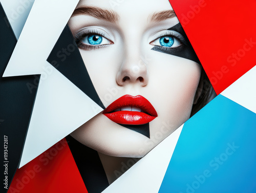 Graphic Abstract Face Art with Red, Blue, and White Contrasts
