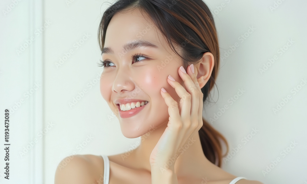 young woman with radiant skin smiles gently, showcasing natural beauty and serene expression. Her hand lightly touches her face, highlighting her smooth complexion and healthy glow young woman with radiant skin smiles gently, showcasing natural beauty and serene expression. Her hand lightly touches her face, highlighting her smooth complexion and healthy glow