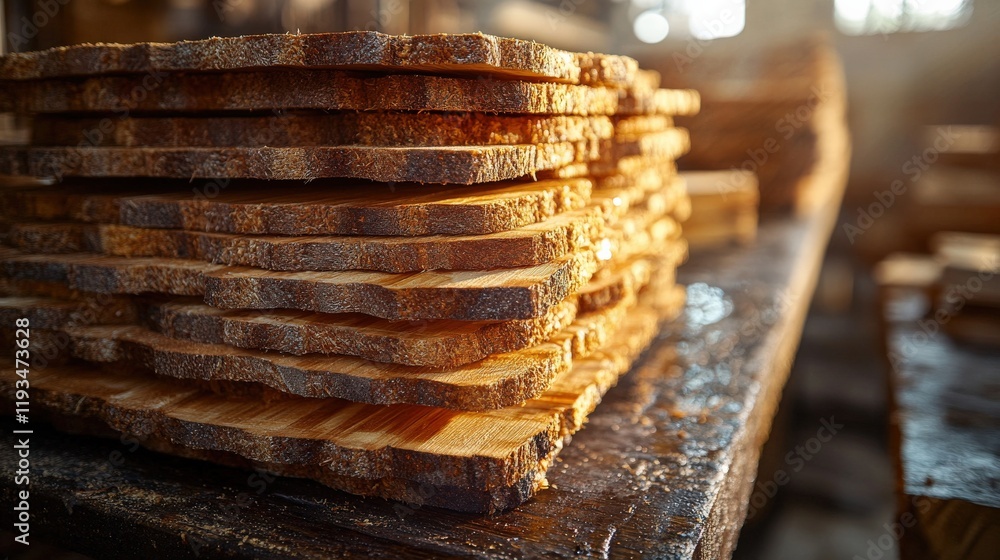 Naklejka premium Stacked Wooden Planks in Workshop with Soft Sunlight Casting Warm Glow Creating a Rustic Atmosphere Perfect for Interior Design and Craft Projects