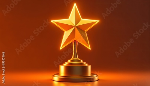 Golden star trophy with illuminated 3D star on a circular pedestal, warm orange background, shiny metallic texture, celebratory atmosphere, 3D render.