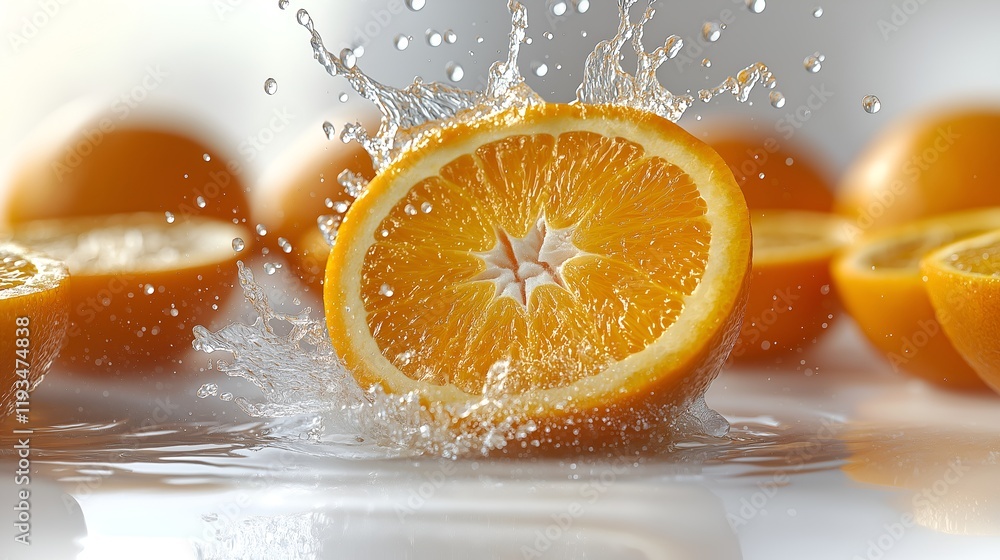 Juicy Orange Slice Splashing into Water, Refreshing Summer Fruit, Vibrant Citrus, Healthy Diet, Vitamin C, Delicious Tropical Food. Juicy Orange Slice Splashing into Water, Refreshing Summer Fruit, Vibrant Citrus, Healthy Diet, Vitamin C, Delicious Tropical Food.