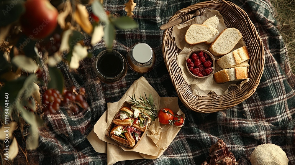 A cozy picnic setup with a plaid blanket, wicker basket, and fresh sandwiches A cozy picnic setup with a plaid blanket, wicker basket, and fresh sandwiches
