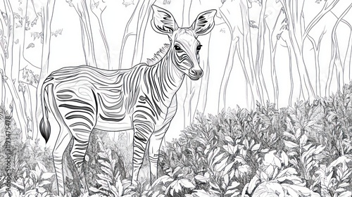 Zebra in forest, wildlife, black and white, illustration photo