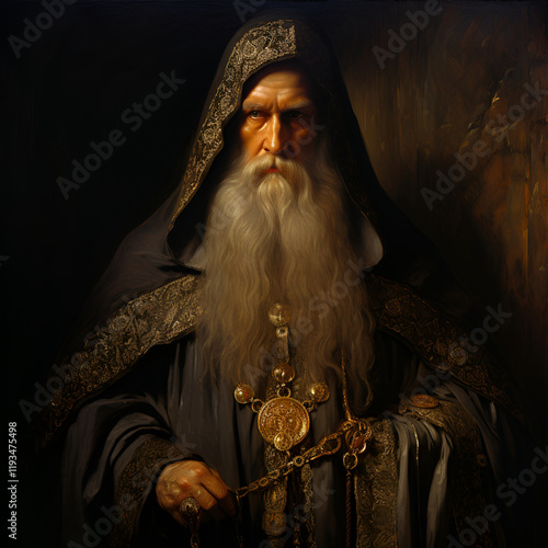 gray-haired monk in a cloak