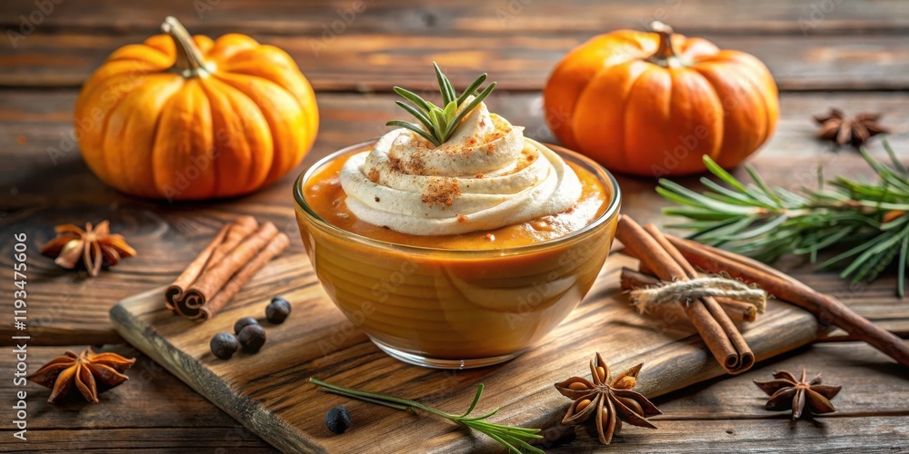 A bowl of pumpkin puree topped with whipped cream, rosemary, and cinnamon, surrounded by pumpkins, star anise, and cinnamon sticks on a wooden table. A bowl of pumpkin puree topped with whipped cream, rosemary, and cinnamon, surrounded by pumpkins, star anise, and cinnamon sticks on a wooden table.