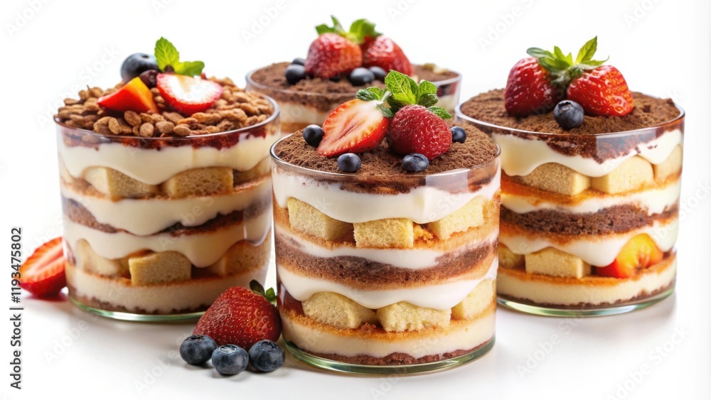 Layered dessert with creamy filling, crunchy biscuit, and fresh berry toppings in glass cups Layered dessert with creamy filling, crunchy biscuit, and fresh berry toppings in glass cups