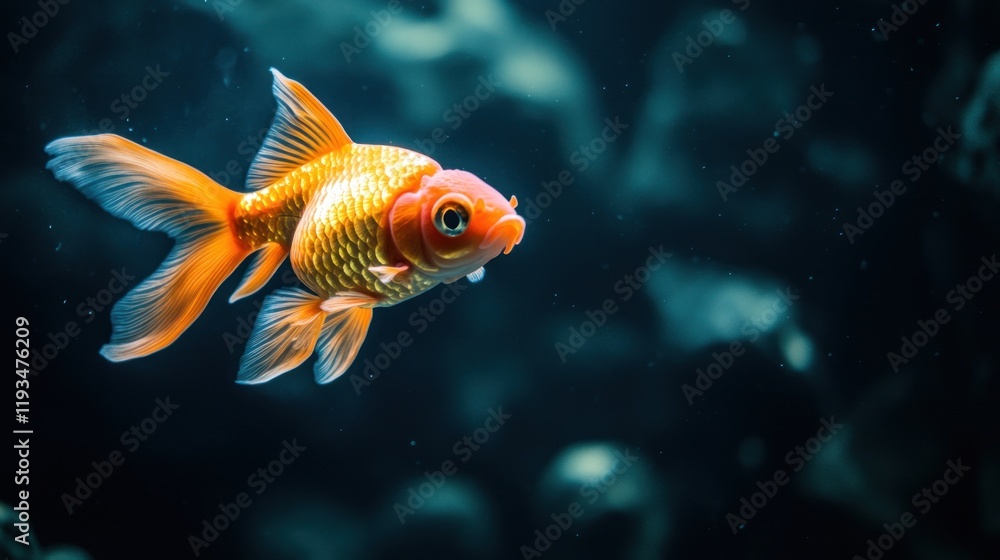 Stunning Closeup of an Orange Goldfish Swimming in a Dark Aquarium, Aquatic Life, Underwater Photography Stunning Closeup of an Orange Goldfish Swimming in a Dark Aquarium, Aquatic Life, Underwater Photography