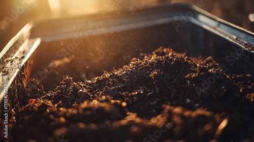 Rich Dark Soil In A Metal Wheelbarrow At Sunset