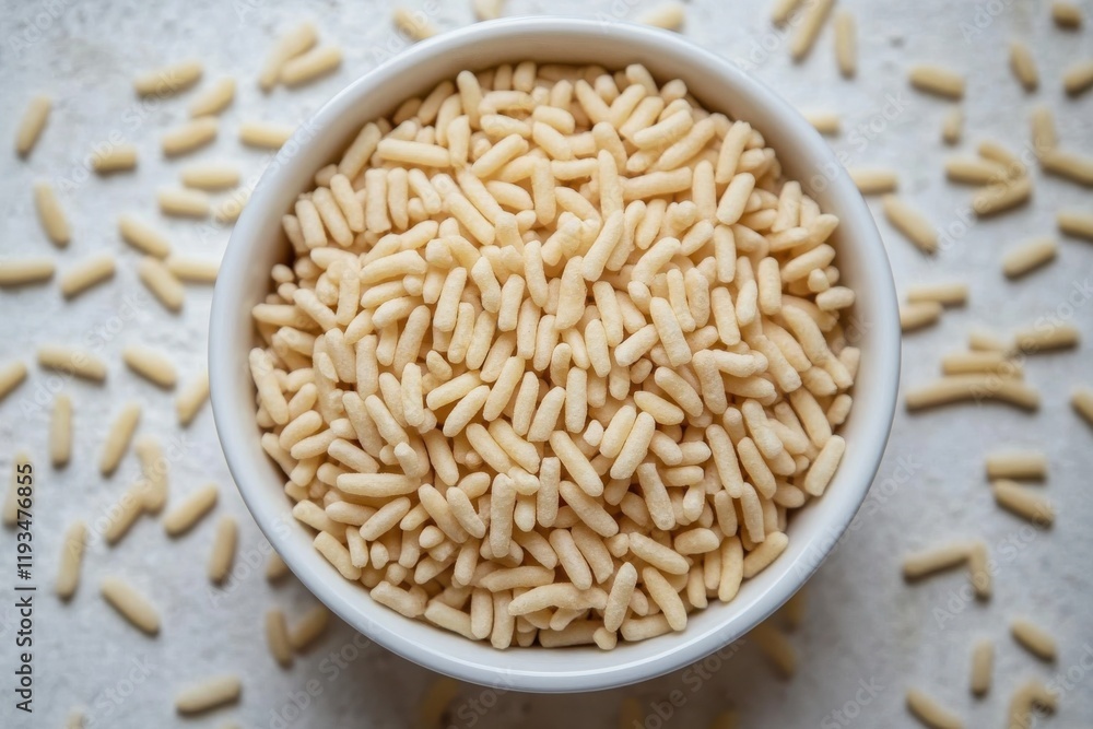 Aerial View of Light-Colored Puff Snacks Scattered Around a White Ceramic Bowl on a Bright Minimalistic Surface with Natural Lighting Aerial View of Light-Colored Puff Snacks Scattered Around a White Ceramic Bowl on a Bright Minimalistic Surface with Natural Lighting
