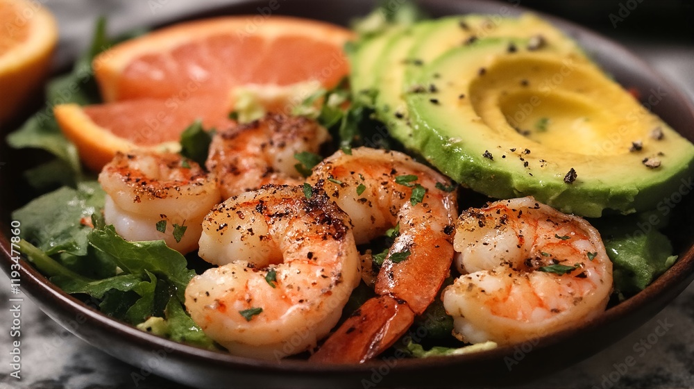 A bowl of mixed greens topped with grilled shrimp, avocado, and grapefruit slices. A bowl of mixed greens topped with grilled shrimp, avocado, and grapefruit slices.
