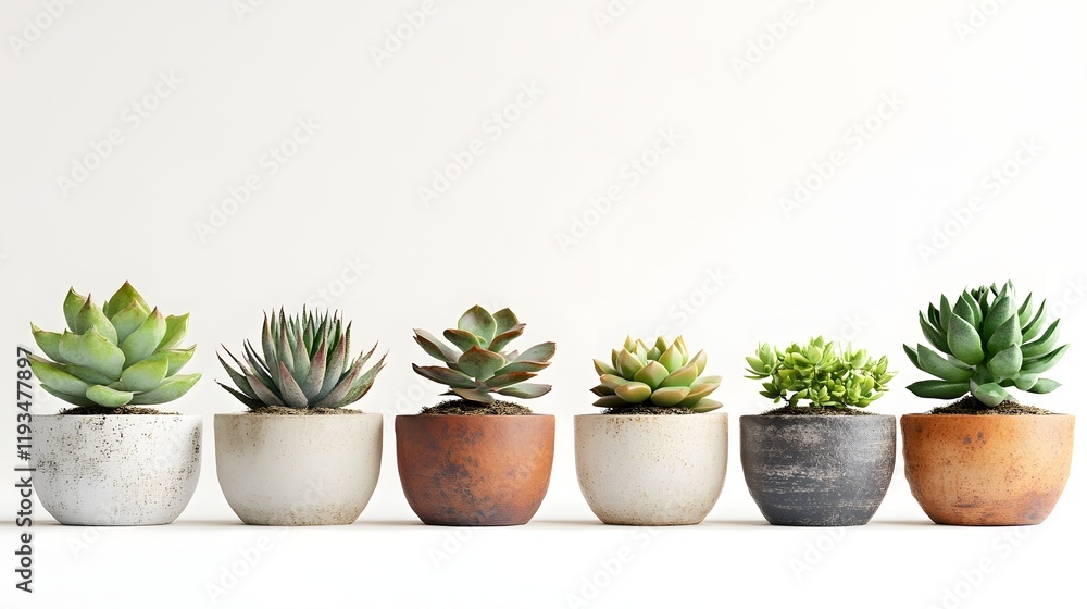 Assorted Potted Succulents Displayed on Minimalist Tabletop Assorted Potted Succulents Displayed on Minimalist Tabletop