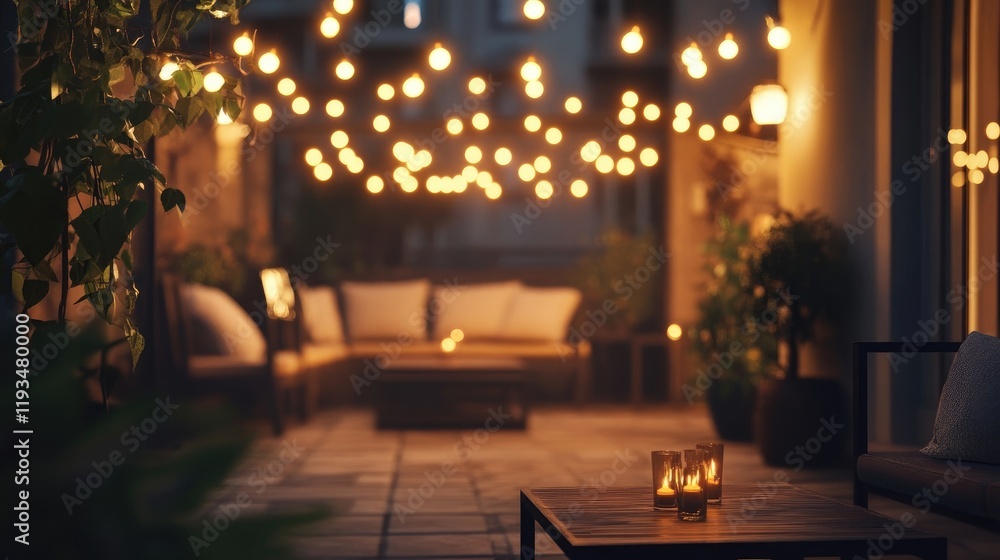 A soft-focus view of twinkling fairy lights hanging above a romantic outdoor seating area A soft-focus view of twinkling fairy lights hanging above a romantic outdoor seating area