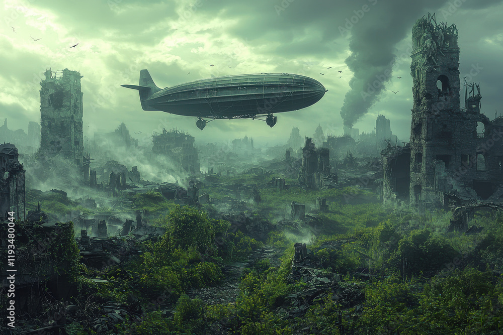 Naklejka premium Airship Over Post-Apocalyptic Ruins and Vegetation