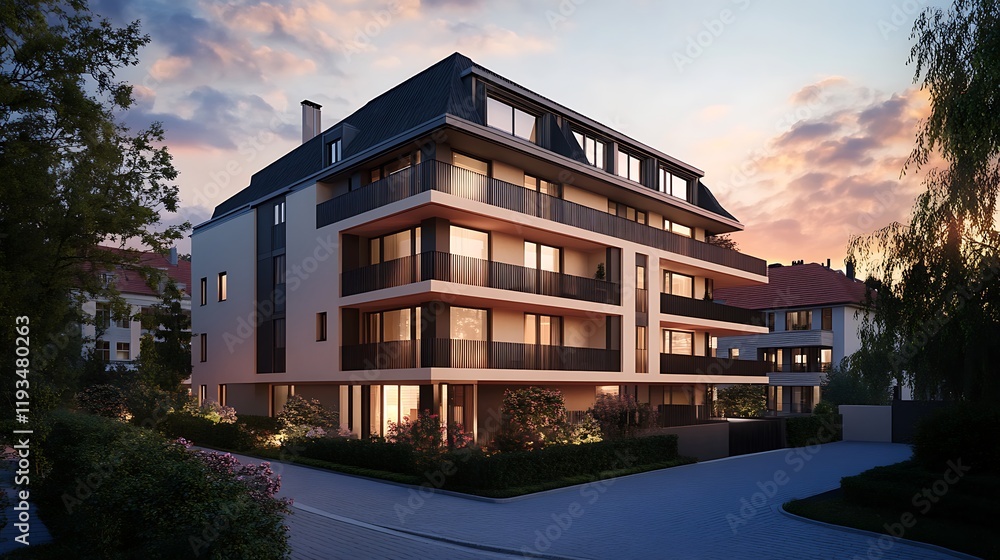 Modern Apartment Building at Dusk Evening Light Modern Apartment Building at Dusk Evening Light