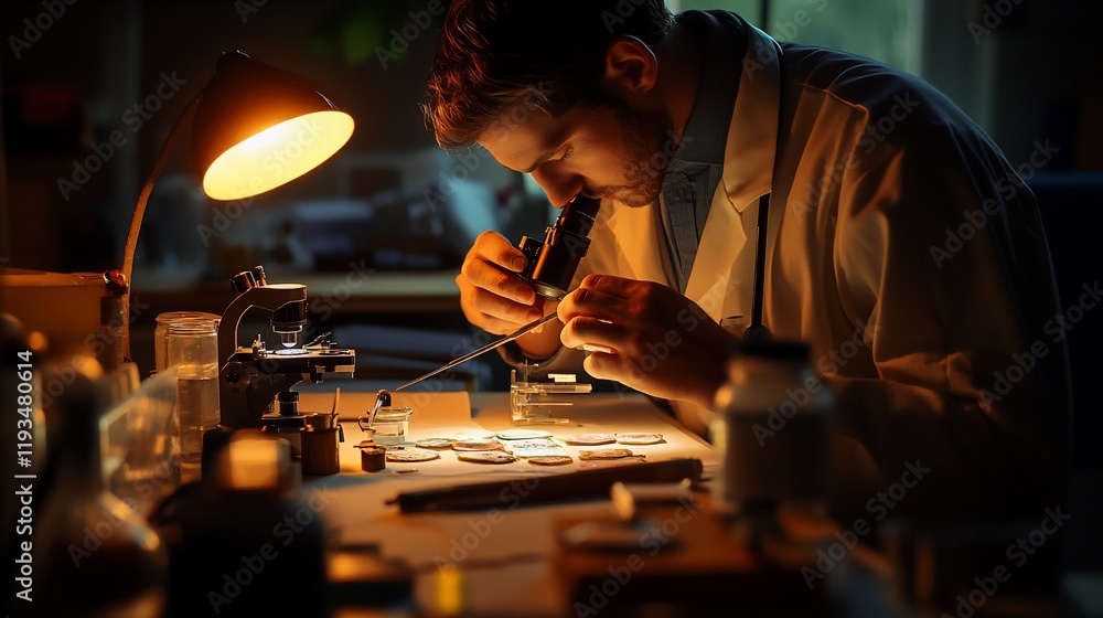 Scientist Carefully Examining Specimens Under Microscope Scientist Carefully Examining Specimens Under Microscope