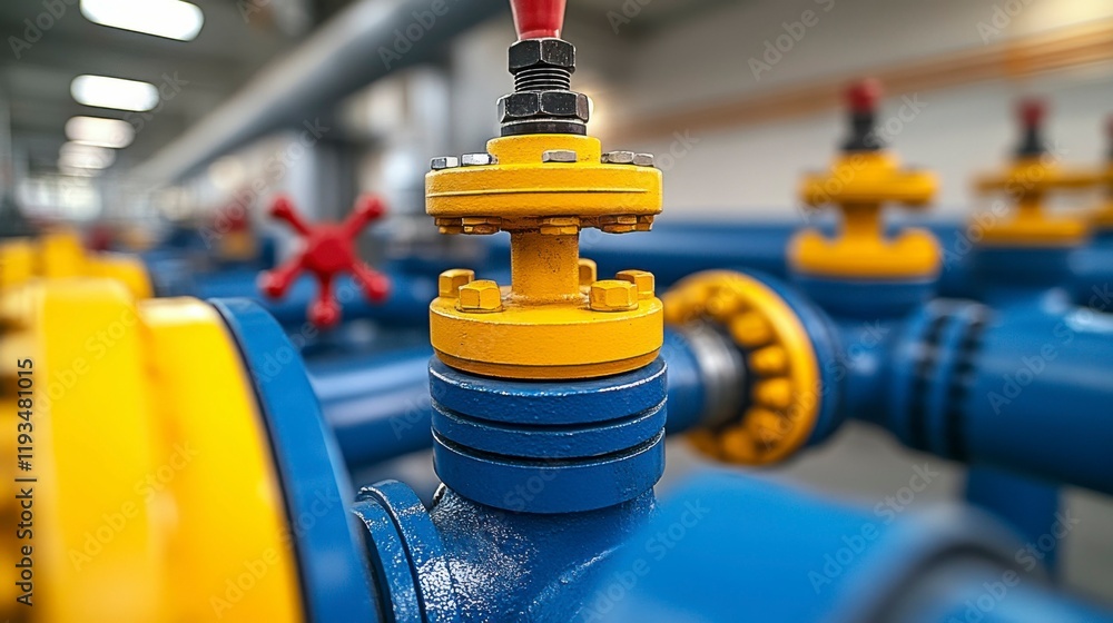 Fototapeta premium A close-up of industrial pipelines at an oil refinery, showing the intricate connections and valves that transport crude oil through various refining processes for the production of petroleum