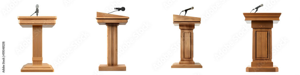Collection of Blank wood podiums or speech lectern stand with microphone isolated on white or transparent background Collection of Blank wood podiums or speech lectern stand with microphone isolated on white or transparent background
