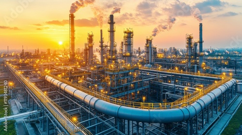 An oil pipeline winding through a busy industrial district at twilight, with factories and refineries emitting steam and light as the sun sets, highlighting the harmony between industry and the
