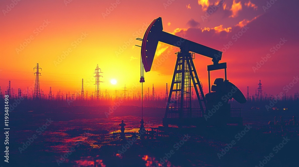 The silhouette of an oil pump working in an oil field at sunset, with the sky ablaze with orange and purple colors, symbolizing the balance between nature and the global demand for energy resources. The silhouette of an oil pump working in an oil field at sunset, with the sky ablaze with orange and purple colors, symbolizing the balance between nature and the global demand for energy resources.