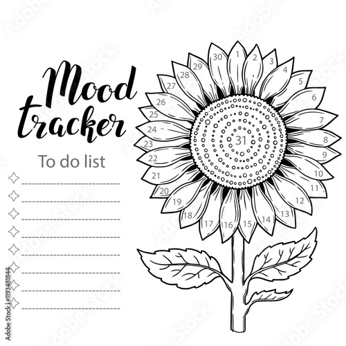 Mood tracker blank with hand drawn lettering and sunflower sketch. Bullet journal or monthly planer template. Printable organizer, diary, planner for important goals