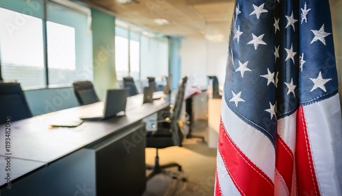 Generated image An American flag hanging in a quiet campaign office
