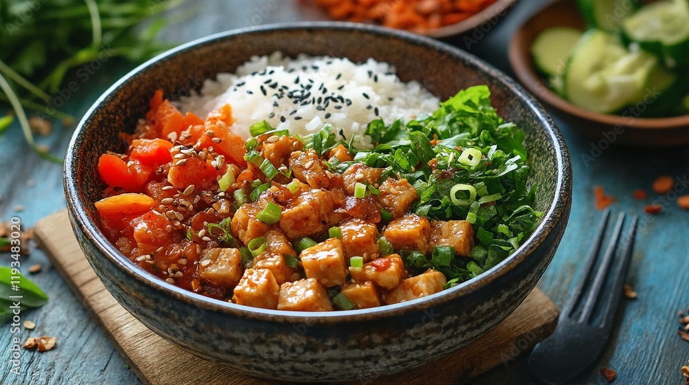 A bowl of rice and vegetables with tofu in a savory sauce. A bowl of rice and vegetables with tofu in a savory sauce.
