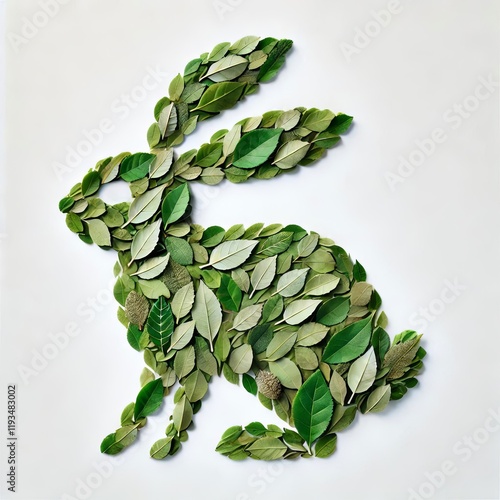 Green hare silhouette created with leaves, nature concept arrangement art on white backdrop photo