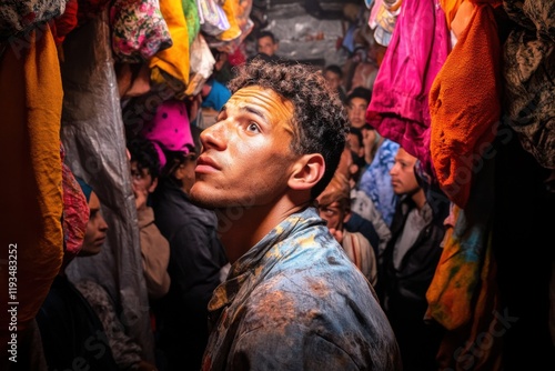 Young man leads evacuees through crowded zone in low light with emotional depth photo