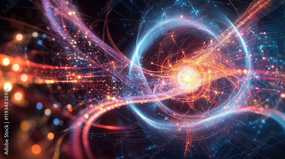 Obraz premium Abstract quantum circuit with neon-lit energy flows and qubits working in harmony within a high-tech environment