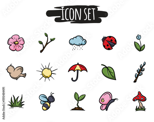 Colored set of icons related to spring, nature, season, plants and insects. Simple vector signs and symbols for website, application, banner, flyer. Editable Design Elements