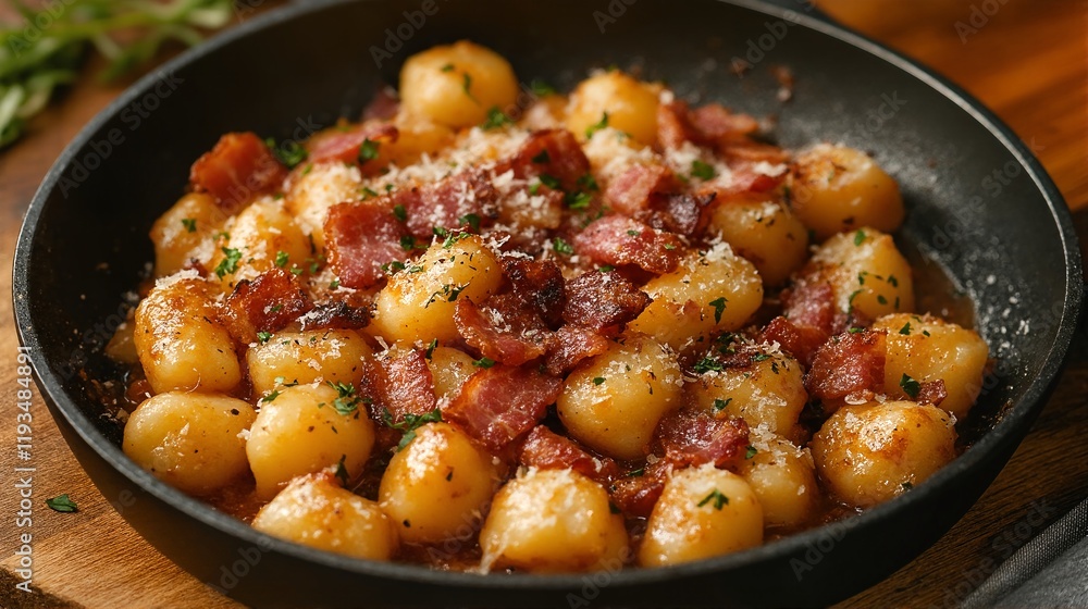 A Pan of Browned Gnocchi with Crispy Bacon Bits and Sprinkled Cheese. A Pan of Browned Gnocchi with Crispy Bacon Bits and Sprinkled Cheese.
