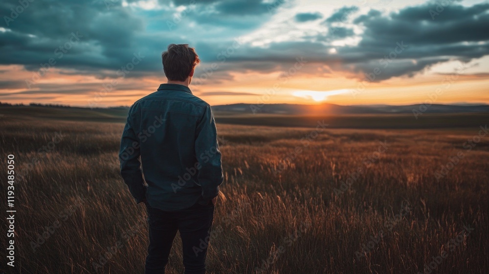 man standing in a field watching the sunset with a peaceful and thoughtful atmosphere
man standing in a field watching the sunset with a peaceful and thoughtful atmosphere