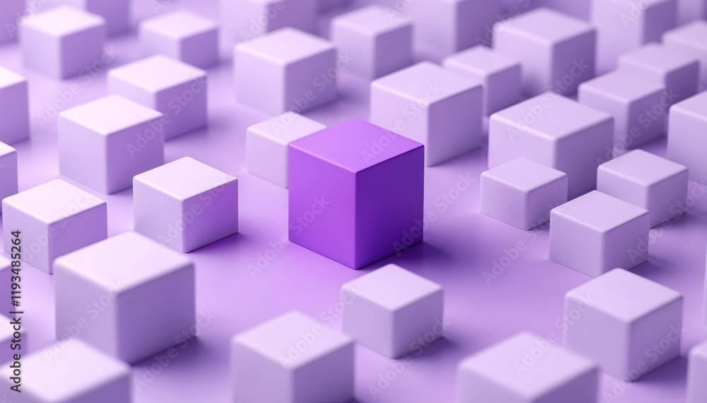 Purple cube standing out among white cubes, minimalist geometric composition, high-contrast design, symmetry and asymmetry, 3D render, leadership concept Purple cube standing out among white cubes, minimalist geometric composition, high-contrast design, symmetry and asymmetry, 3D render, leadership concept