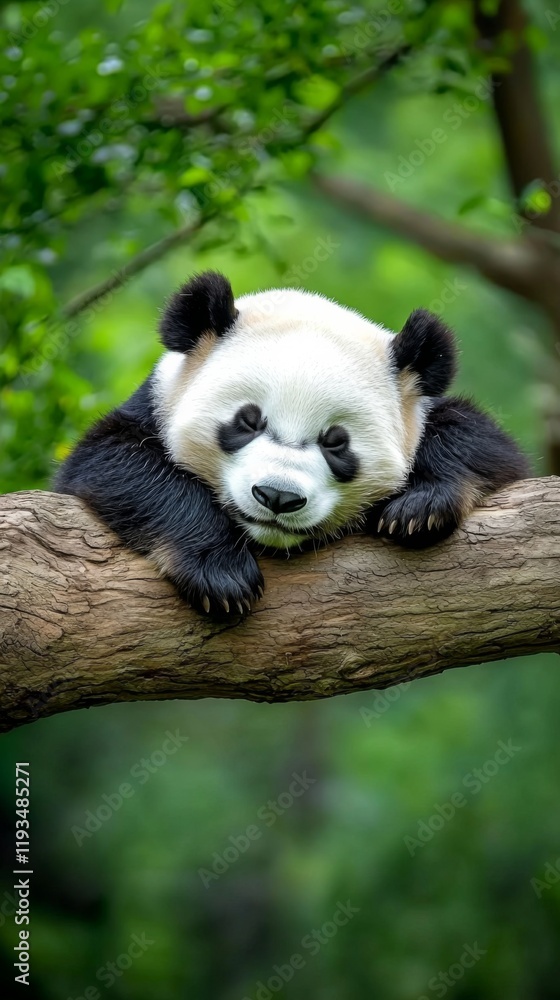 Fototapeta premium Panda rests peacefully on a tree branch in a lush green habitat during a sunny day