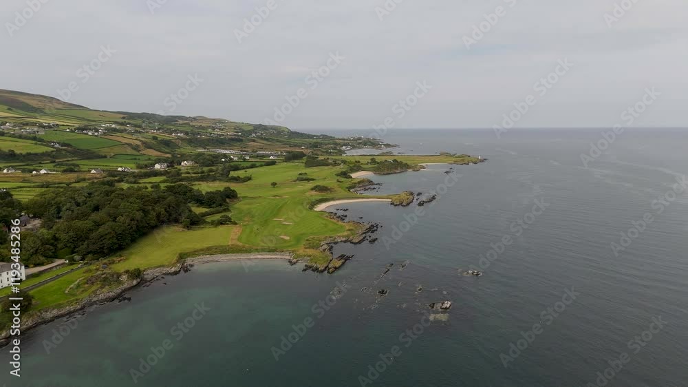 Aerial view of the beautiful coast at greencastle whith loads of beaches and even a golf course in county Donegal, Ireland Aerial view of the beautiful coast at greencastle whith loads of beaches and even a golf course in county Donegal, Ireland