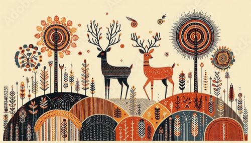 Indian Rajasthani Style Traditional Folk Art or warli art design dear for Cultural, Decor, art project, wallpaper, banner, card, soft brown background