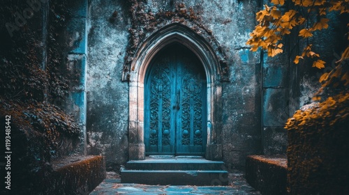 mystical old blue wooden door with gothic arch surrounded by stone walls and autumn leaves in a moody setting
