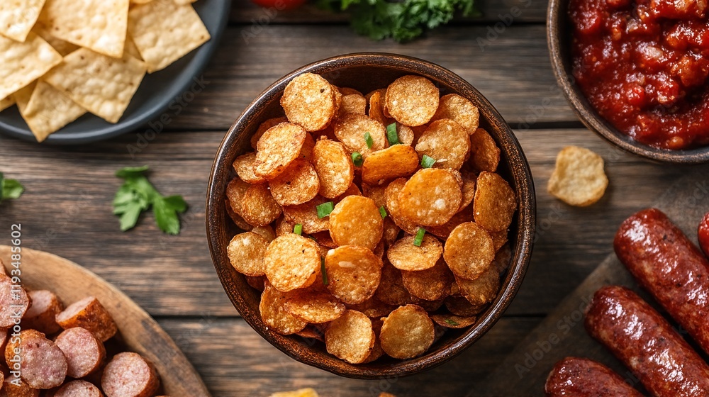 Fototapeta premium A Bowl of Fried Potato Chips on a Table with Various Other Snacks.